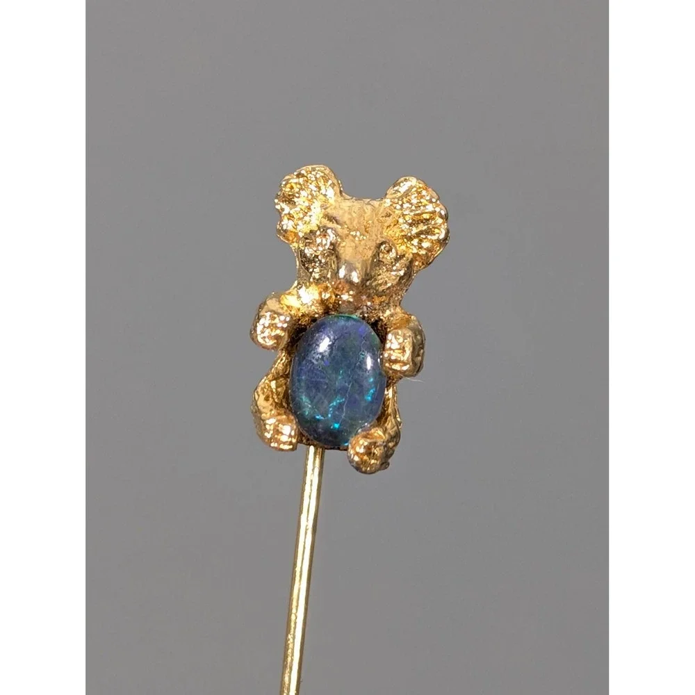 Vintage Gold Tone Koala Bear Faux Opal Stick Pin Lapel Hat Tie Pin